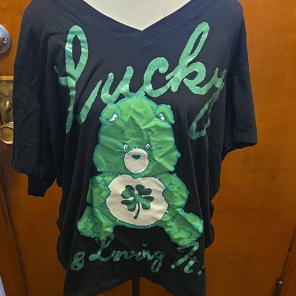 Care Bears Black Tee with Green Bear and Lucky Script